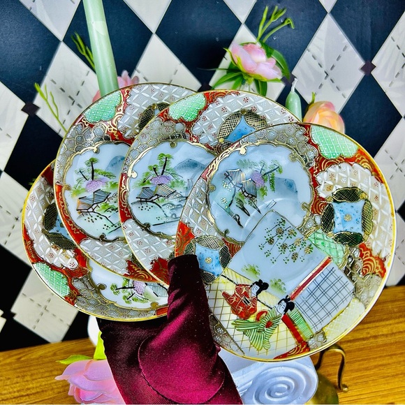 Vintage Nippon Saucers Japanese Porcelain Hand-Painted Gilt Decor Set of 4 - Picture 8 of 9